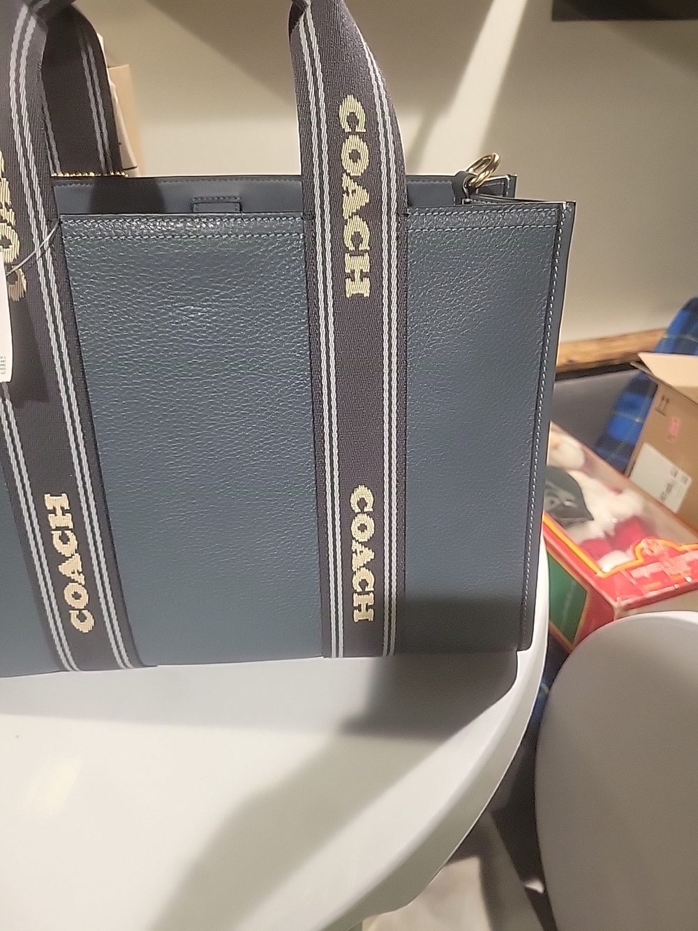 Coach Navy Logo Strap Leather Tote - Picture 9 of 16